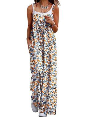 Women's Floral Summer Bohemian Jumpsuits Casual Wide Leg Romper Sleeveless